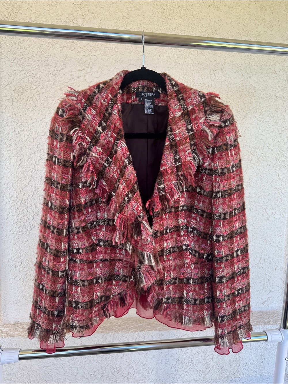 Etcetera Red-Pink Plaid Fringe Tweed Blazer